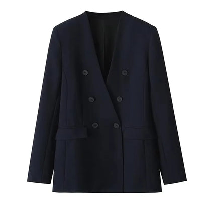 Women's 2 Piece Set Fashionable Long Sleeve Navy Blue Collar V-neck Suit Coat Straight Pants Suit New Matching Sets Office Lady