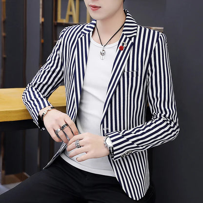 Men's Slim Fit Striped Casual Suit Jacket Korean Fashion Four Seasons New Boutique Handsome Small Suit