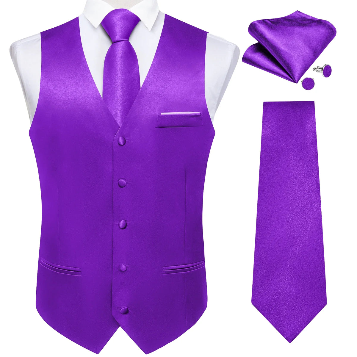Men's Satin Suit Vest Set with Tie Handkerchief and Cufflinks for Wedding and Prom