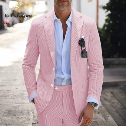 Men's Slim Fit Seersucker 2-Piece Suit Set – Blue Striped Smart Casual & Wedding