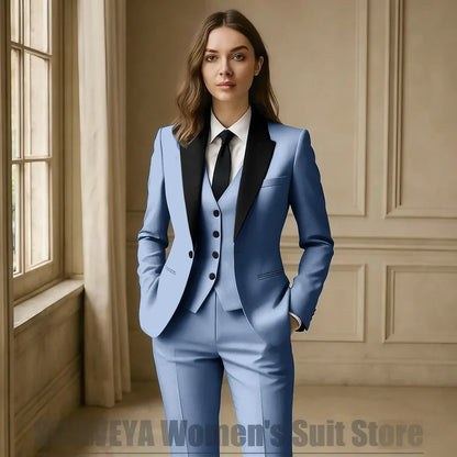 Women Royal Blue 3 Piece Tuxedo Suit Blazer Vest Pants with Black Lapel Slim Fit Formal Party Business Office Outfit
