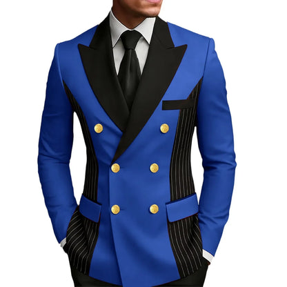 Men's Double Breasted Blazer Striped Patchwork Peak Lapel Slim Fit Formal Wedding Suit Jacket