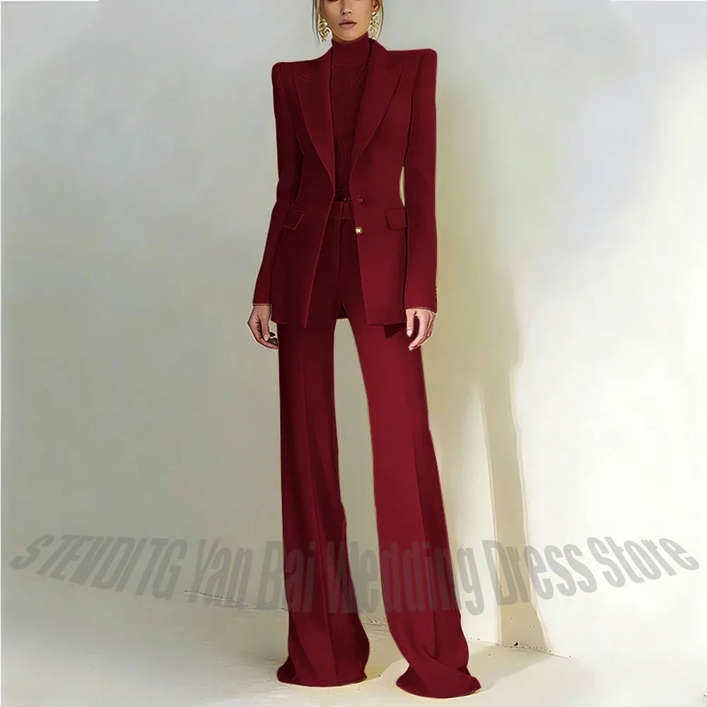 Women Pant Suit 2 Piece Set Office Female Business Work Formal Jacket Trouser One Button Chic Yellow Peaked Lapel Elegant Suit