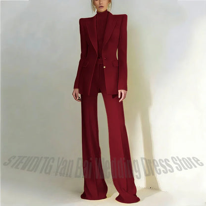 Women Pant Suit 2 Piece Set Office Female Business Work Formal Jacket Trouser One Button Chic Yellow Peaked Lapel Elegant Suit