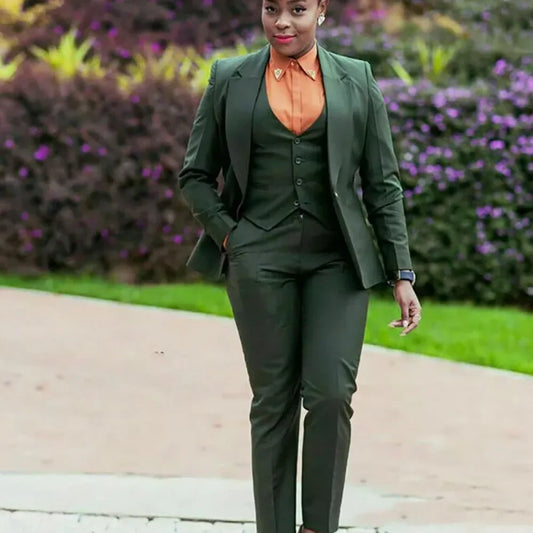 Green Women's Suits Plus Size Formal Wedding Party Tuxedo Business Three Pieces (Jacket+Pants+Vest) Modern Office Lady Set