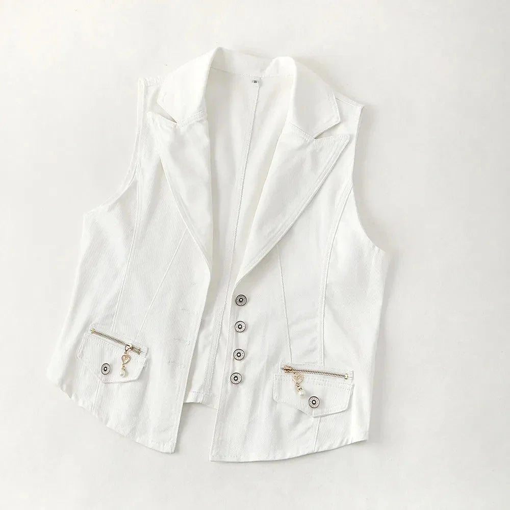 New White Denim Vest Women Waistcoat Slim Short Cowboy Sleeveless Jacket Casual Jeans Vests Female Outerwear Chaleco Mujer