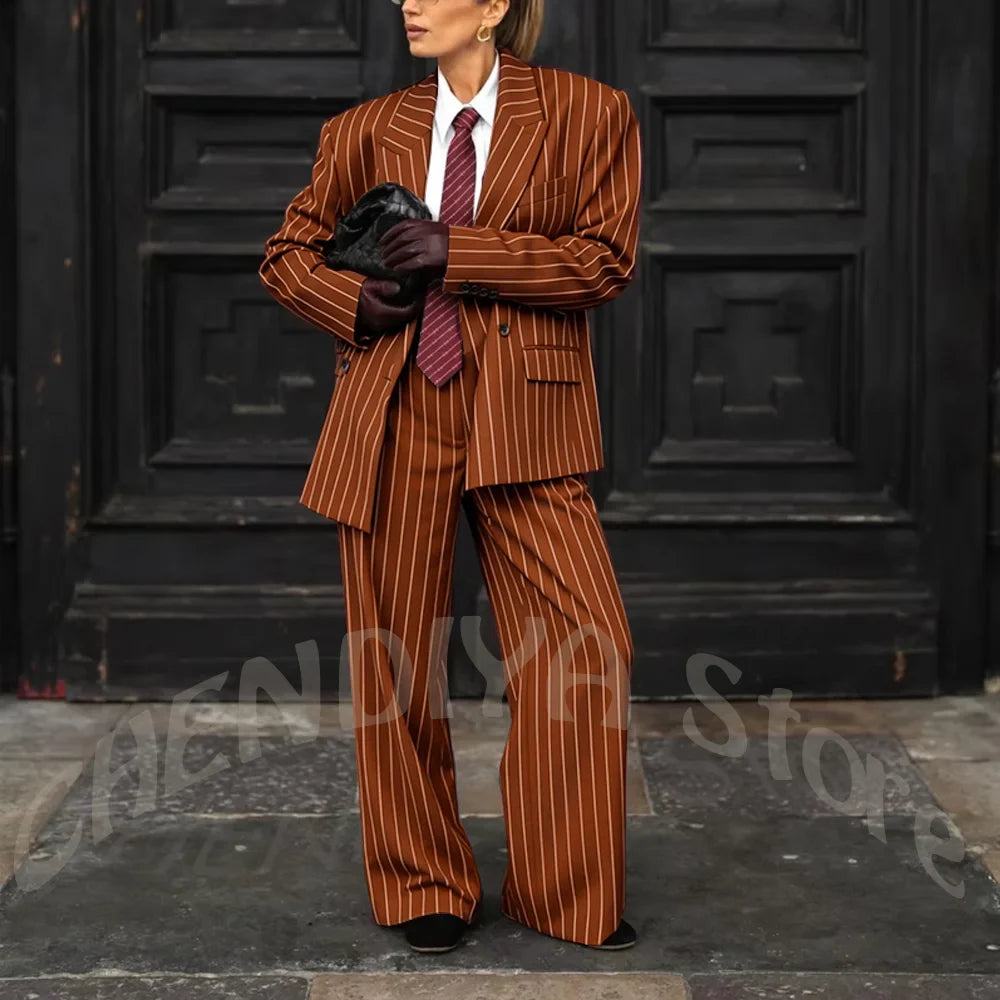 Burgundy Striped Casual Women Suit Two Pieces Jacket Pants Loose Fit Peak Lapel Blazer Set Evening Party Prom Lady Outfit