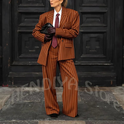 Burgundy Striped Casual Women Suit Two Pieces Jacket Pants Loose Fit Peak Lapel Blazer Set Evening Party Prom Lady Outfit