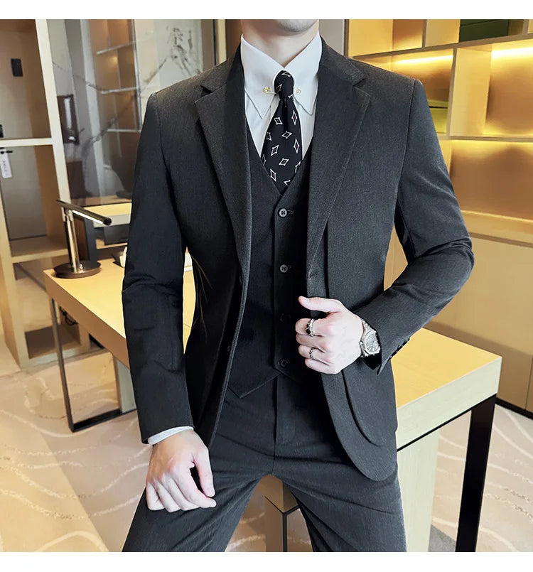 British Style Fake Two-piece Suit Set Men's Wedding Groom Dress 3 Piece Set Suit Vest Trousers Slim Office Business Casual Suits