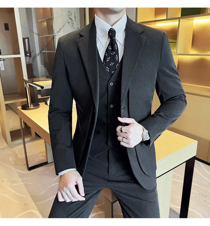 British Style Fake Two-piece Suit Set Men's Wedding Groom Dress 3 Piece Set Suit Vest Trousers Slim Office Business Casual Suits
