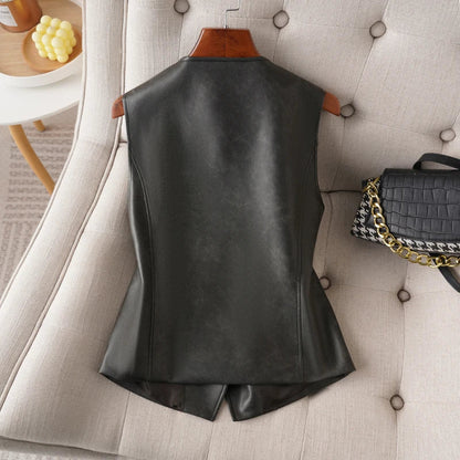 Single-Breasted V-Neck Leather Vest for Women, Spring and Autumn Fashion, Short Pu Leather Vest for Commuting, Outerwear or Innerwear