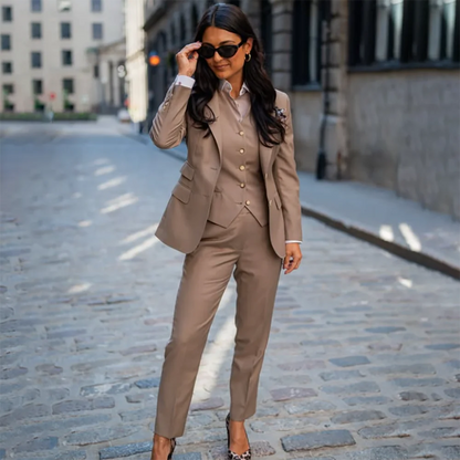 Professional Women Khaki 3 Piece Suit Elegant Formal Office Fashion Dinner Party Set Single Breasted Powerful Jacket+Vest+Pants