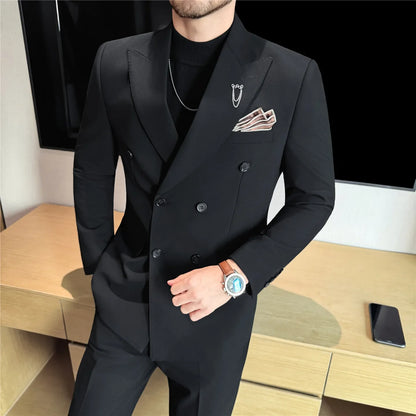 (Jacket + Pants) Fashion Double Breasted Design Slim Men's Suit Italian Style Luxury Wedding Social Party Tuxedo 2 Piece Sets