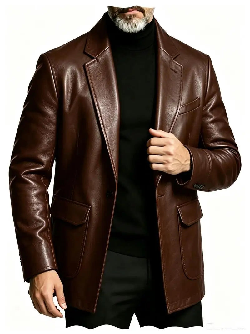 Men's PU Leather Blazer Single Breasted Slim Fit Notched Collar Suit Jacket Motorcycle Sport Coat For Formal Business Party