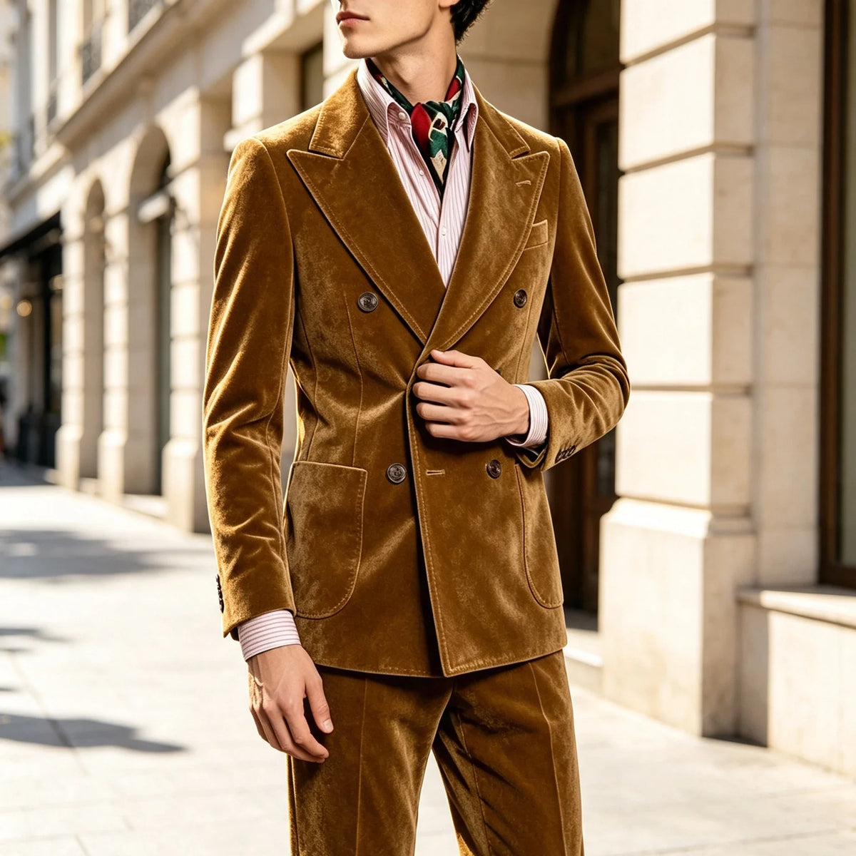Men's Velvet Suit 2 Piece Double Breasted Peak Lapel Blazer & Straight Leg Pants for Formal & Wedding