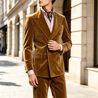 Men's Velvet Suit 2 Piece Double Breasted Peak Lapel Blazer & Straight Leg Pants for Formal & Wedding