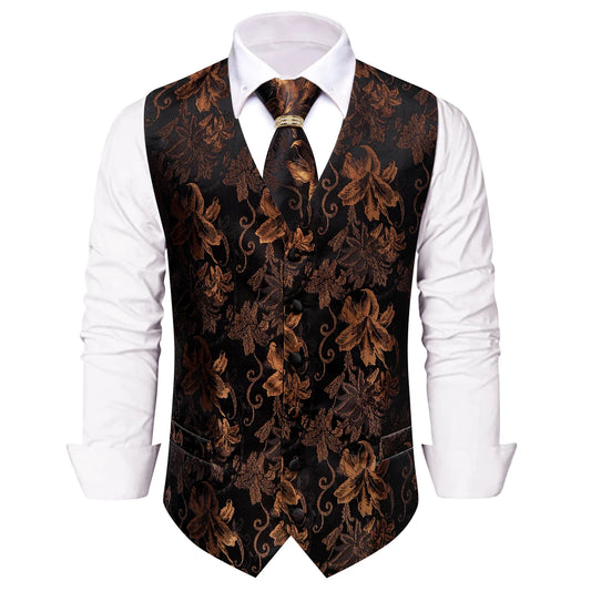 Men's Floral Jacquard Vest 5-Piece Set with Tie and Accessories for Vintage Banquet – Black Brown