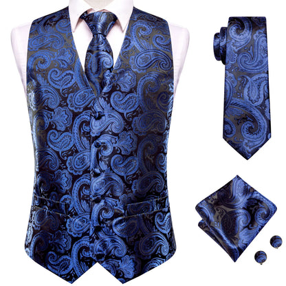 Men's Waistcoat Suit Set with Jacquard Floral Vest, Tie, Hanky & Cufflinks for Wedding and Business