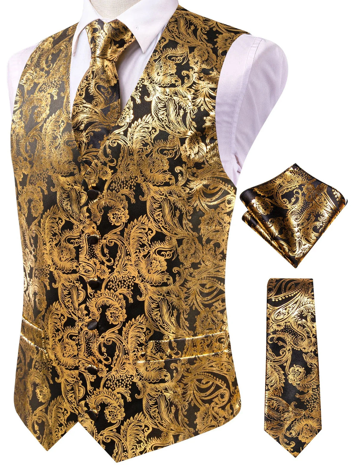 Men's Vest 4-Piece Set Golden Paisley Floral Formal Waistcoat for Wedding & Party