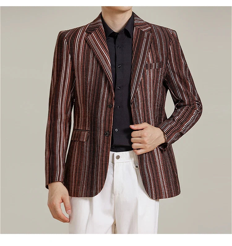 2025 Autumn Winter Velvet Striped Fashion Casual Suit Jacket Slim Fit Versatile Business Blazers Social Wedding Groom Dress Coat