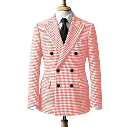 Men's Double Breasted Houndstooth Suit Jacket Classic Slim Fit Groom Wedding Blazer
