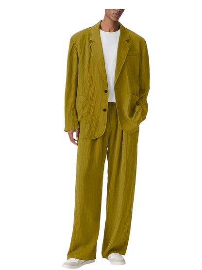 Men's Linen Blend Wrinkled Two Piece Suit Loose Two Button Blazer Wide Leg Trousers Casual Vacation Daily Soft Breathable Outfit
