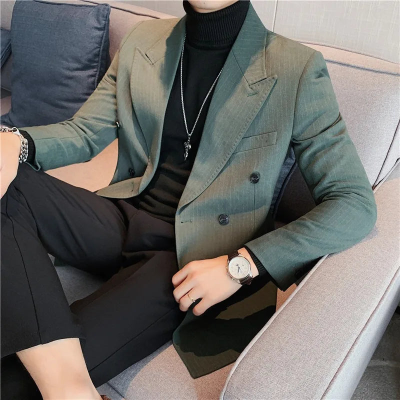 High Quality Double Breasted Suit Jacket Men Striped Casual Business Blazer Slim Fit Wedding Groom Office Social Dress Coat