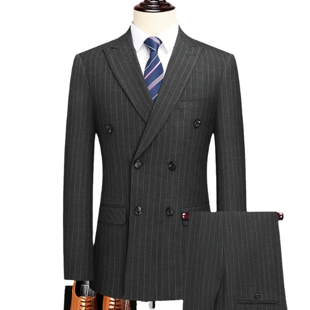 Men Suit Gray 2 Pieces Grid Stripe Double Button With Lapel For Wedding Birthday Business Banquet Work Daily Jacket And Pants
