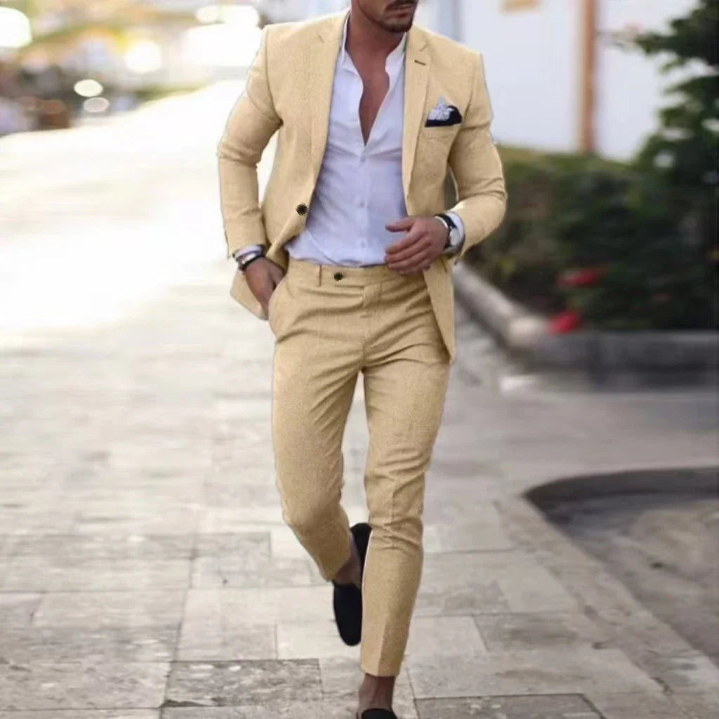 Costume en Lin Homme Robes de Soirée Élégantes Revers Cranté un Bouton Blazer Ajusté Fête de Mariage Plage d'Été Banquet