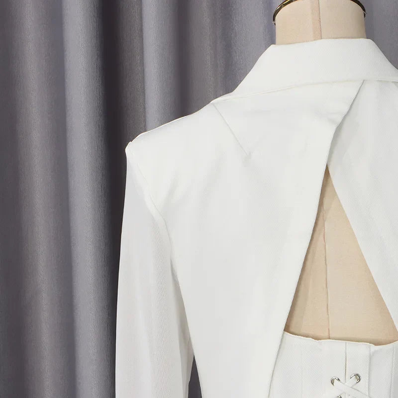 Women Blazer Sexy Hollow Out Backless Waist Cinching Slim Fit Solid Color Urban High-end Trend Jacket Spring Autumn HK21909