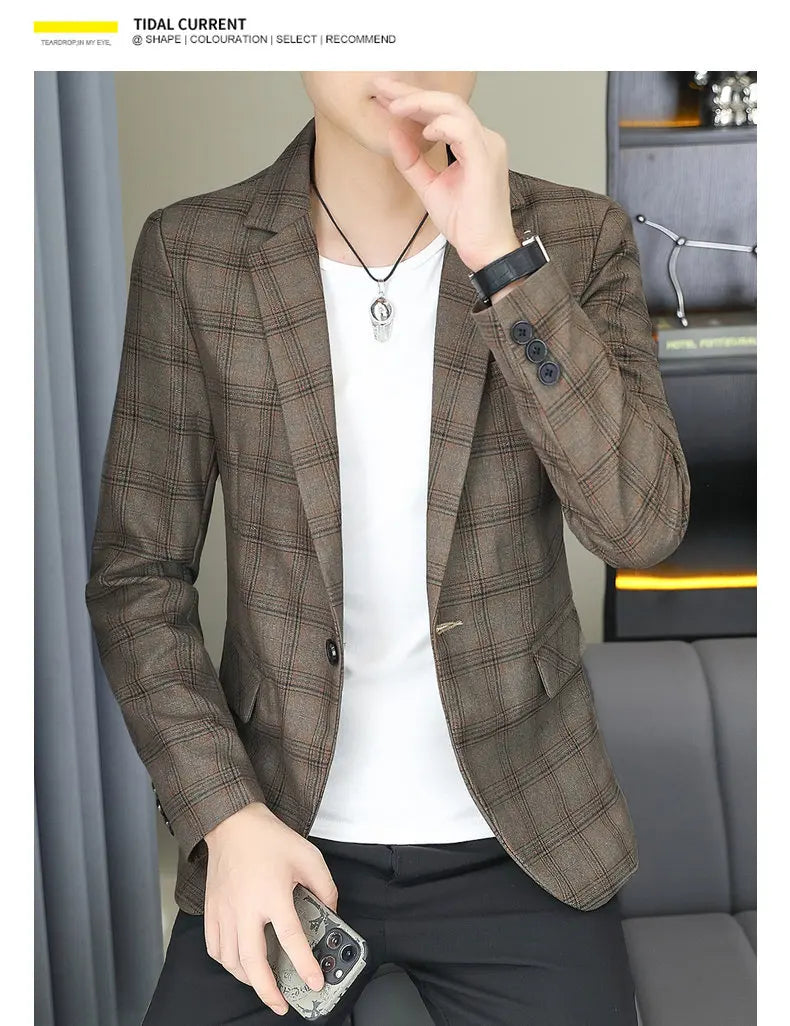 2026 Blazer Outdoor men's checked fashion business trend Wedding Slimming Gentleman Casual Korean travel high formal Wear Blazer