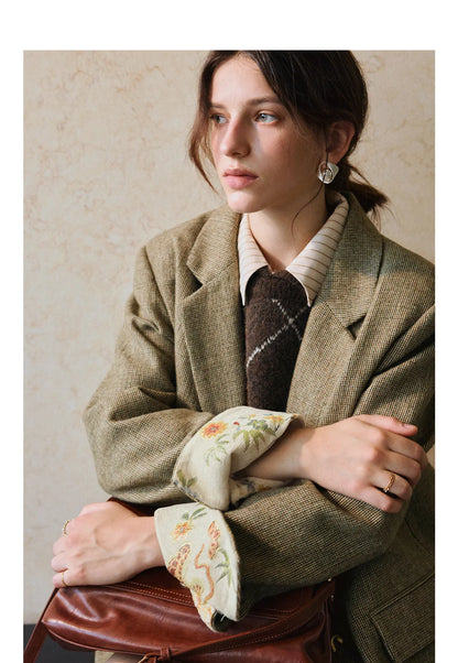 Women's Blazer Floral Spliced Jacquard Cuff Blazers Spring 2026 Old Money Style Oversize Long Wool Coats GO57DN002081