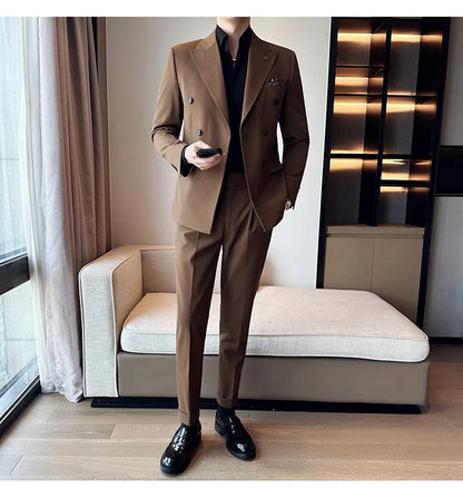(Blazer + Trousers) Fashion Double Breasted Design Slim Men's Suit Italian Style Luxury Wedding Social Party Tuxedo 2 Piece Set