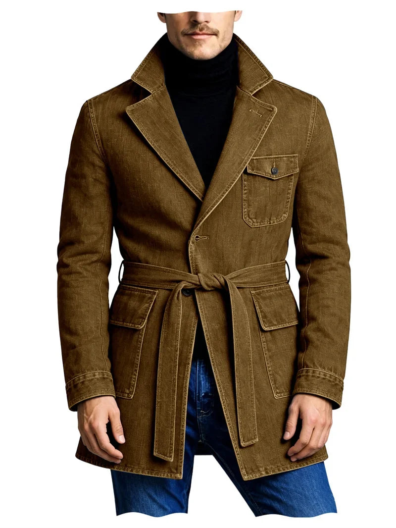 Men's Vintage Mid Length Belted Denim Trench Coat Notched Lapel Casual Workwear Outerwear Stylish Daily Streetwear Jacket