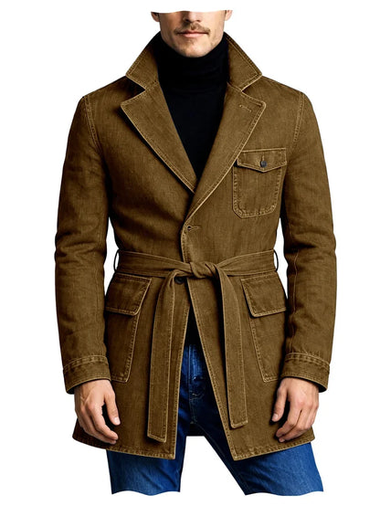 Men's Vintage Mid Length Belted Denim Trench Coat Notched Lapel Casual Workwear Outerwear Stylish Daily Streetwear Jacket