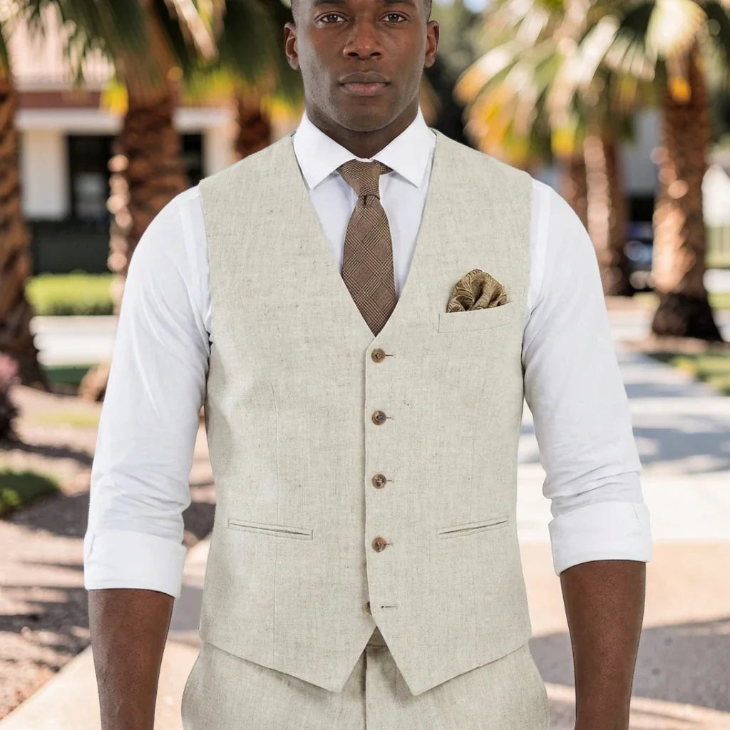 Men's Linen Vest Waistcoat for Wedding & Party – Beige V-Neck Smart Casual