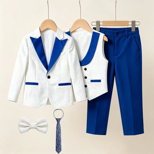 Boys Suit Set 5-Piece Kids Paisley Jacquard Blazer Formal Outfit for Weddings & Celebrations