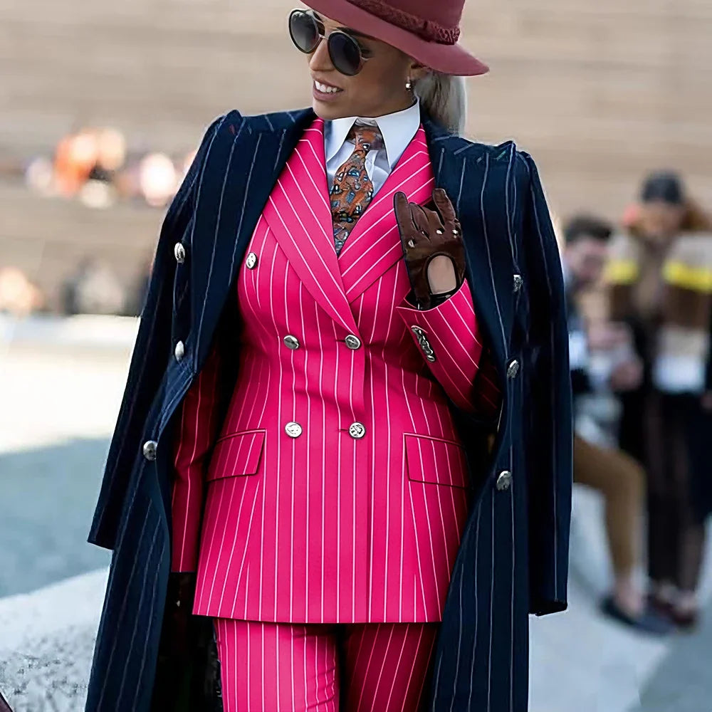 Formal Women's Burgundy Pinstripe Suit with Navy Blue Striped Coat Double Breasted 3Piece Set Elegant Evening Party Outerwears