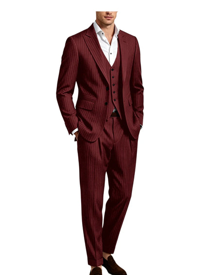 Men's 3-Piece Pinstripe Suit – Slim Fit Notched Lapel Blazer, Vest & Trousers for Wedding & Business