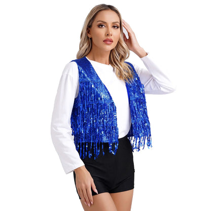 Women's Vest Glitter Tassel Sleeveless Waistcoat V Neck Open Front Shiny Sequins Vests for Jazz Dancing Music Festival Clubwear
