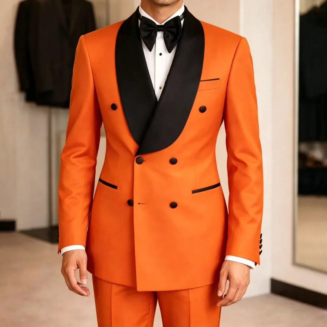 Men Suit Yellow 2 Pieces Double Button With Black Lapel For Wedding Birthday Banquet Party Business Work Office Jacket Pants