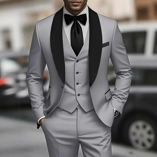 Men's Three-piece Business Casual Suit Fitted Style With Pockets Smart Suitable For Daily Weddings And Parties