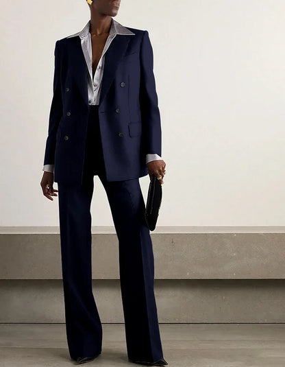 Fashion Grey Double Breasted Women Pants Set High-end Female Two Pieces(Jacket+Trousers)أطقم بناطيل
