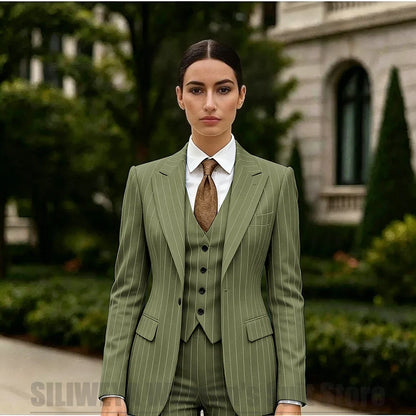 White Striped Women Suit 3 Piece Chic Peak Lapel One Button Blazer Vest Pants Formal Office Business Wedding Party Wear
