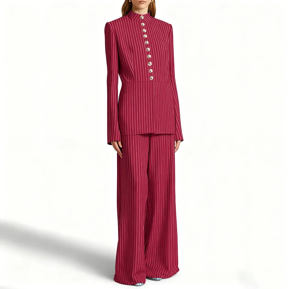 Elegant Women's Suits Pinstripe Two-piece(Jacket+Pants) Set with Stand Collar Gold Single Breasted Business Office Lady Outfit