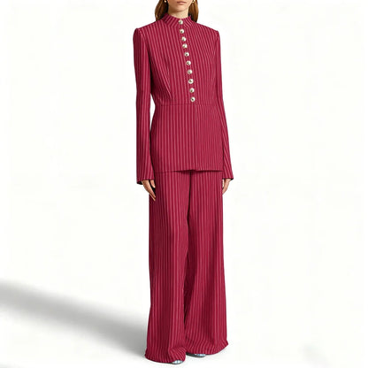Elegant Women's Suits Pinstripe Two-piece(Jacket+Pants) Set with Stand Collar Gold Single Breasted Business Office Lady Outfit