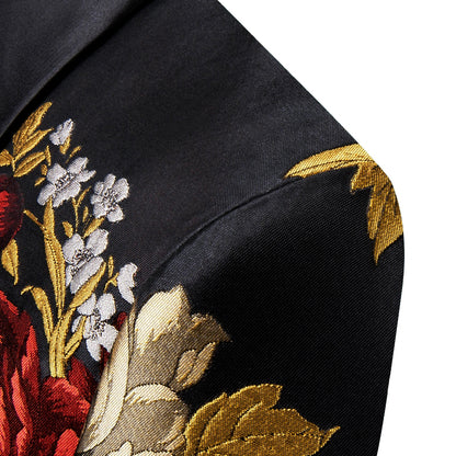 Men's Black Gold Red Floral Jacquard Shawl Lapel Blazer Single Breasted Tuxedo Jacket Suit Coat for Wedding Prom Party Outerwear