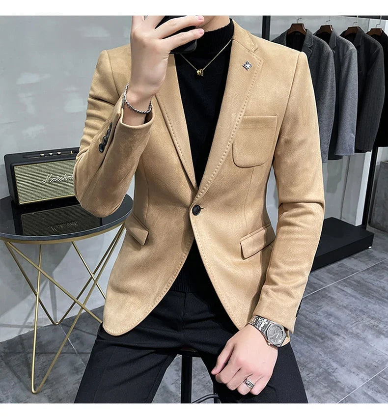 2023 Spring Suede Suit Jacket Men Casual Business Slim Fit Blazer Deerskin Leather Jacket Men Wedding Street Wear Social Coat