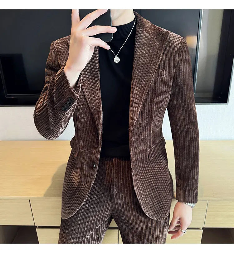 ( Jacket+Pants) Men Corduroy Suit Two-Piece Set High Quality Italian Style Business Suit Luxury Men Formal Wedding Groom Tuxedos