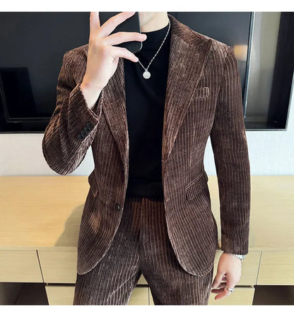 ( Jacket+Pants) Men Corduroy Suit Two-Piece Set High Quality Italian Style Business Suit Luxury Men Formal Wedding Groom Tuxedos